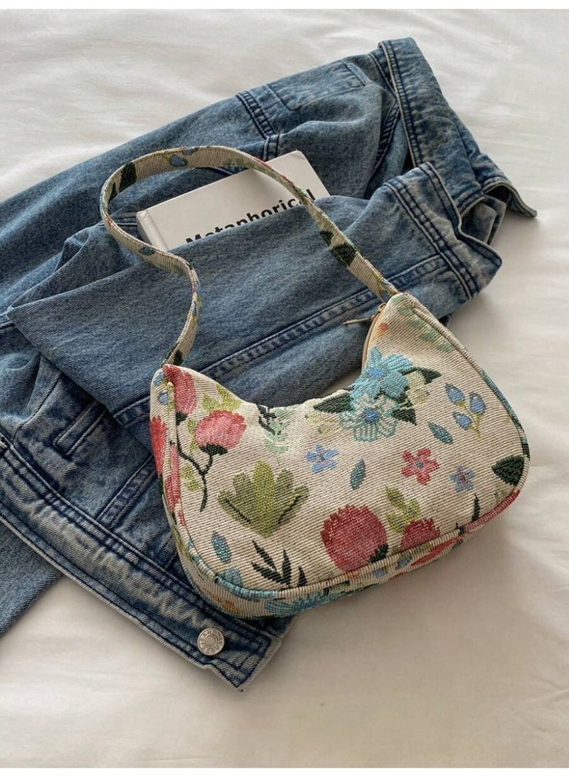 Women’s Vintage Floral Shoulder Bag – Retro Tapestry Fabric Handbag with Crescent Shape - Image 5